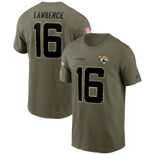 Men's Jacksonville Jaguars #16 Trevor Lawrence 2022 Olive Salute To Service T-Shirt